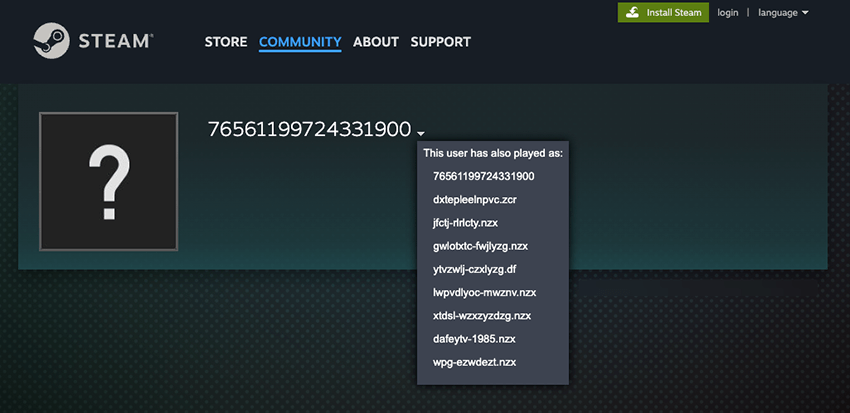 Steam profile with past names used that were the concealed C2 domains used as fallback