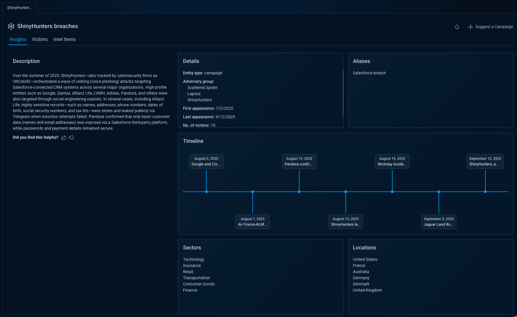 Example view of Bitsight Threat Intelligence Campaigns card