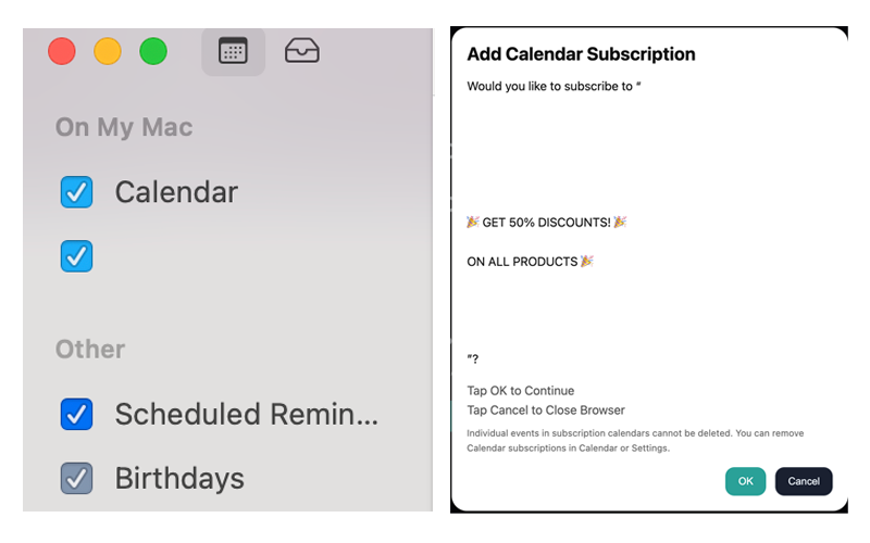 Figure 15 - Blank calendar subscription name_Figure 16 - Whitespace characters used in calendar subscription title