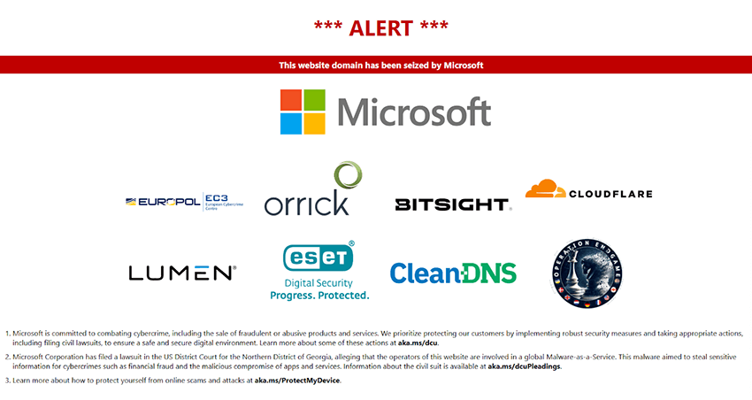 Splash page for seized domains of LummaC2