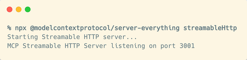 Spinning up the Everything MCP server for a quick demo using Streamable HTTP as the transport type